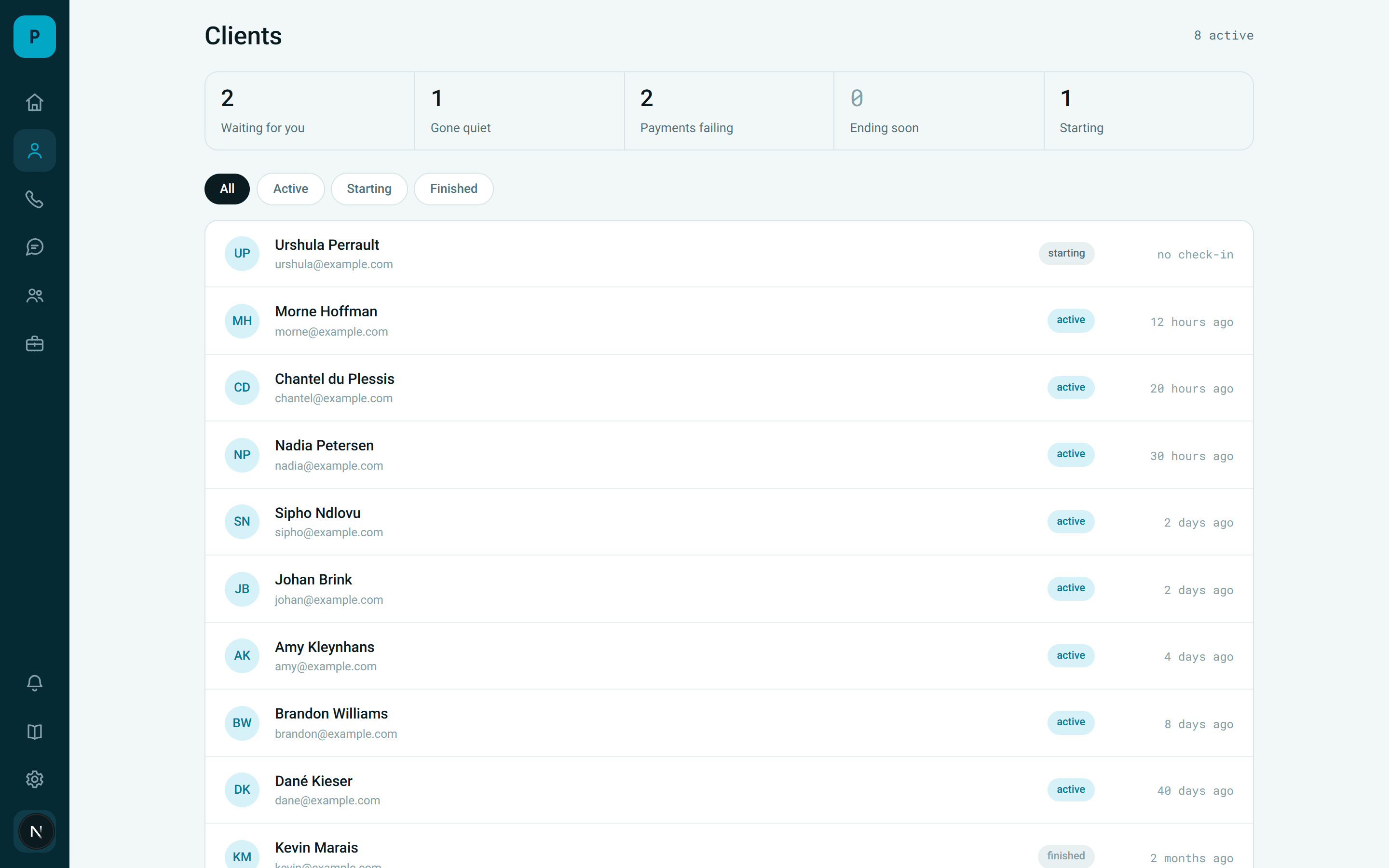 The client list, sorted by who is waiting, gone quiet, or failing payments.
